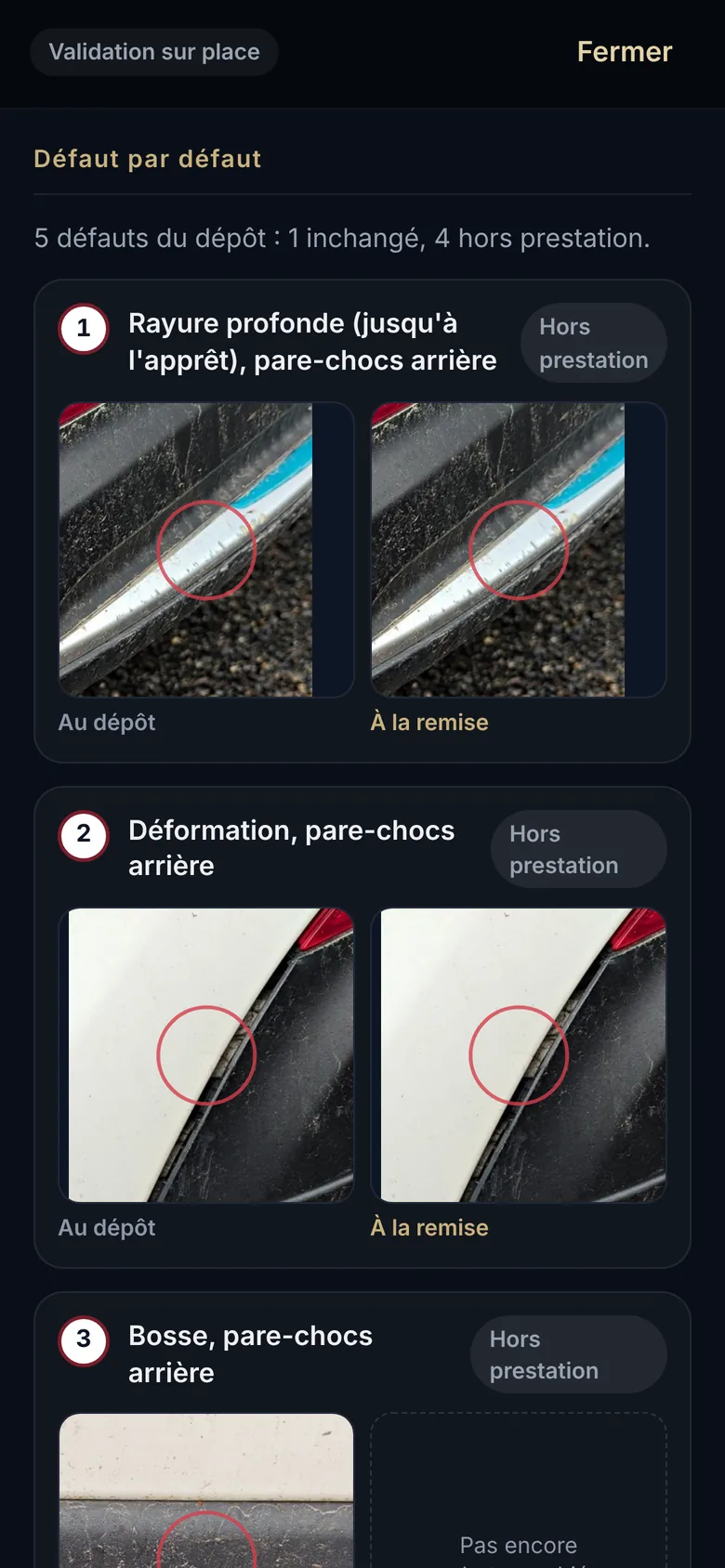 Les défauts pointés sur les photos du dépôt