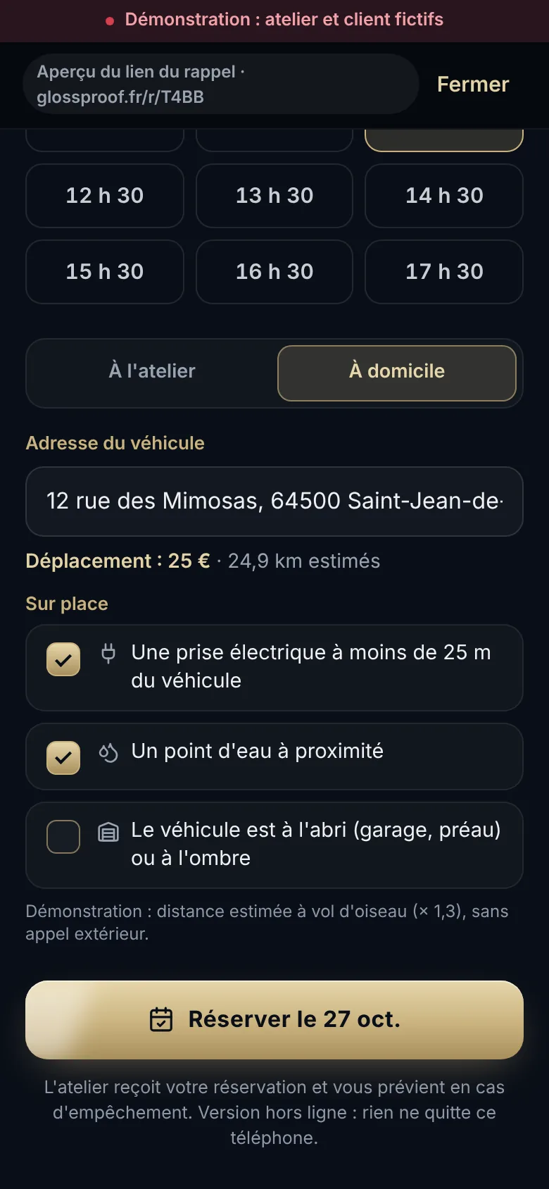 Une prestation à domicile avec la météo et l'itinéraire