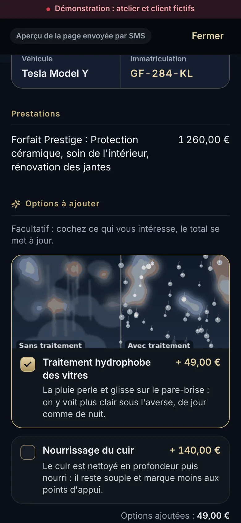 Un devis avec des options à cocher par le client